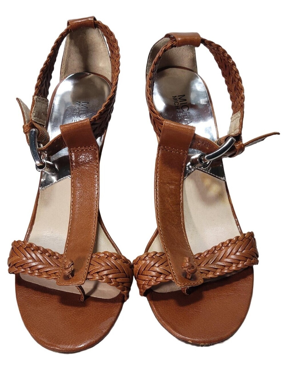 MICHAEL KORS LADIES BROWN BRADED LEATHER THONG HEELS ANKLE STRAP SIZE 9M